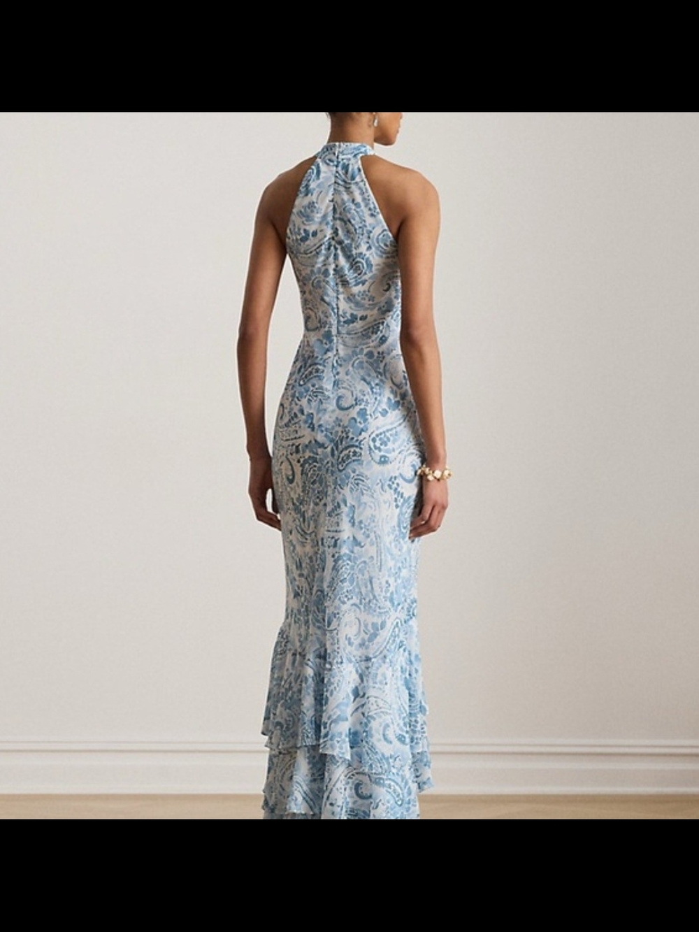 Ralph Lauren Pale Blue Paisley Crinkle Georgette Halter Maxi Dress - Picture 3 of 6